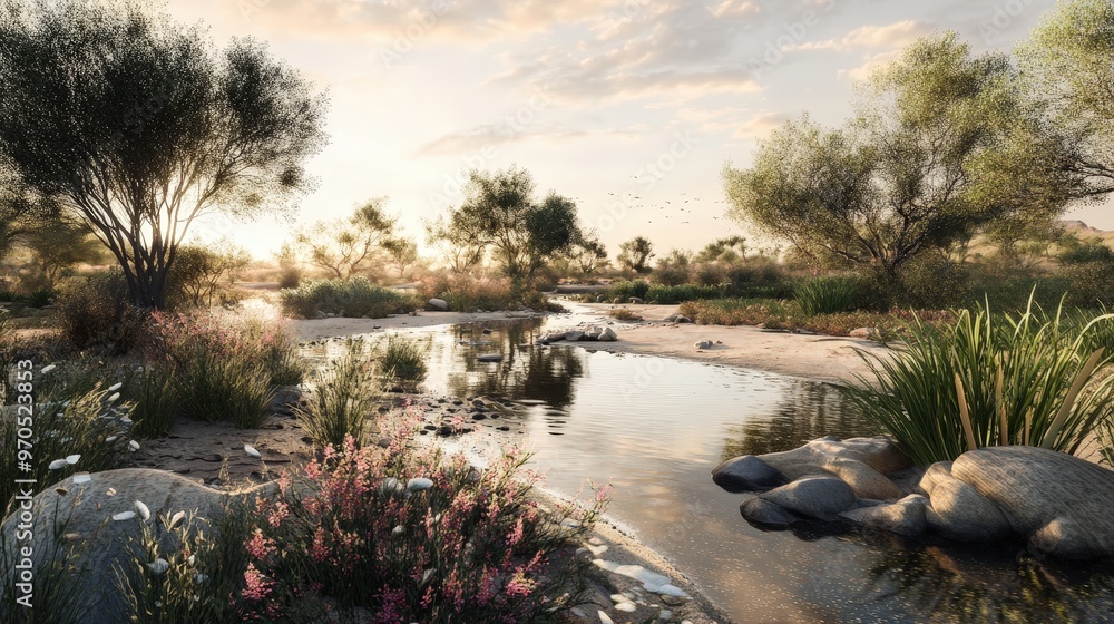 scene of a desert landscape after a rare and intense rainfall. scene of a desert landscape after a rare and intense rainfall.