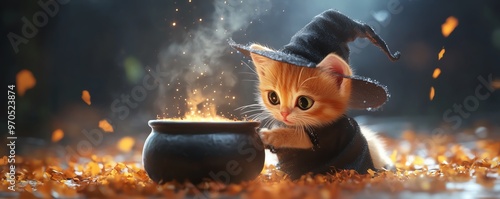 Adorable kitten dressed as a witch brewing a magical potion in a cauldron with autumn leaves falling around. Perfect for Halloween themes. photo