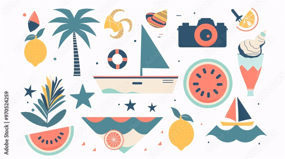 Naklejka premium 130. Vector flat illustration of summer holiday icons in a minimalist geometric style. The set includes a boat, surfboard, watermelon, lemon, seashell, photo camera, and palm tree, arranged on a