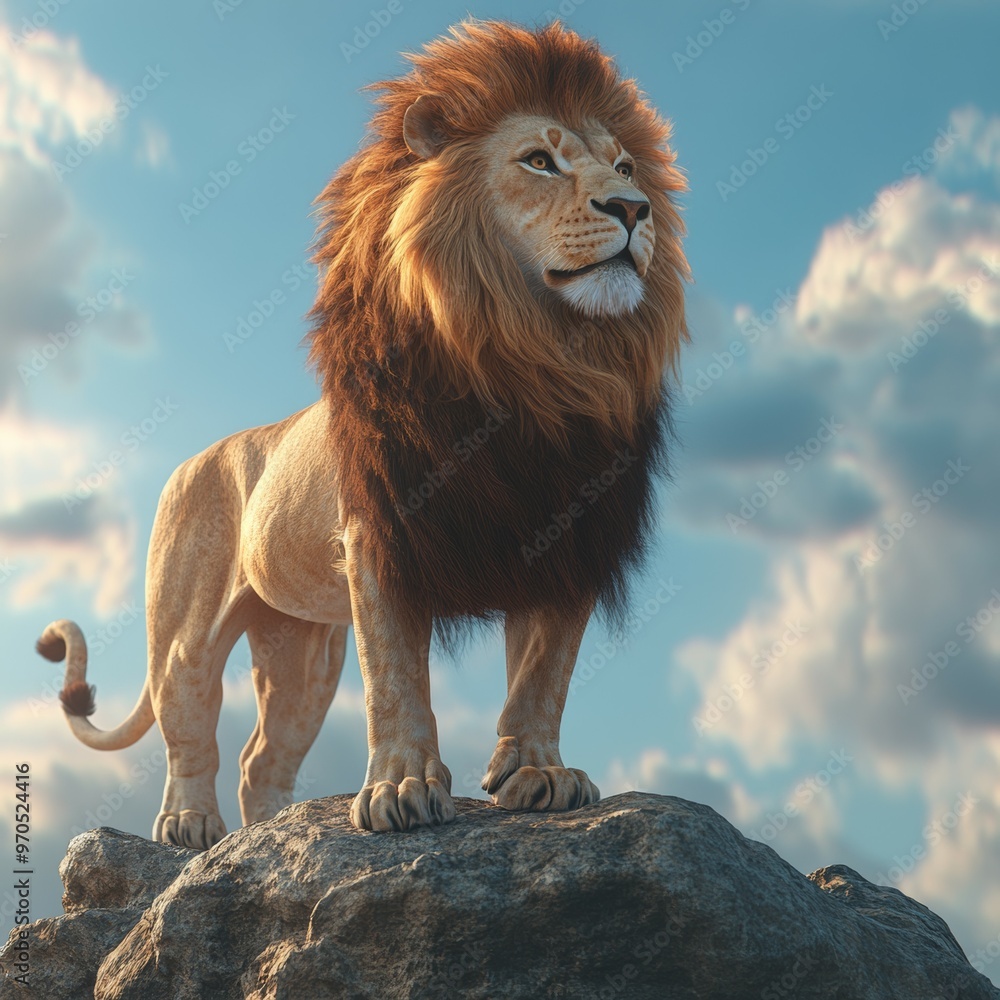 Obraz premium Majestic Lion Standing on Rock with Dramatic Sky