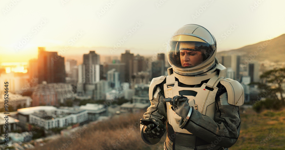 City, lost and phone with astronaut woman outdoor on planet on earth for space exploration or mission. Confused, helmet and map with interstellar person in urban town for adventure or discovery City, lost and phone with astronaut woman outdoor on planet on earth for space exploration or mission. Confused, helmet and map with interstellar person in urban town for adventure or discovery