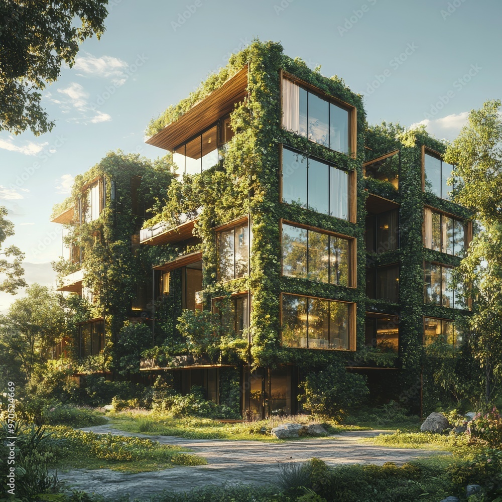Modern Green Building with Lush Greenery and Windows Modern Green Building with Lush Greenery and Windows