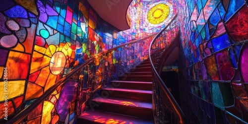 Stained glass melting sun infinite staircase  photo