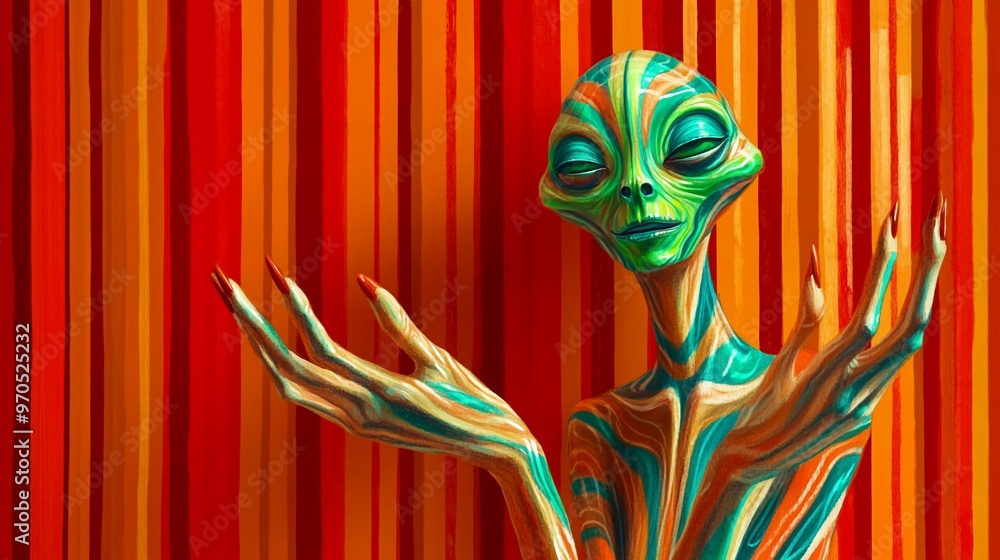 Naklejka premium Intriguing Alien Character with Unique Patterns and Expressions in a Colorful Background