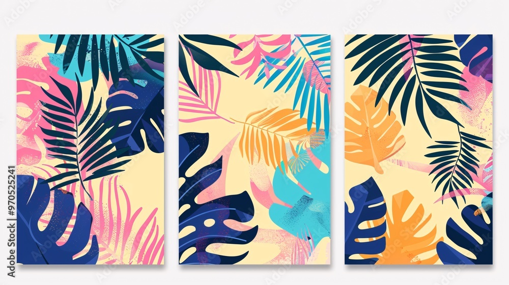 142. Set of bright, modern abstract summer backgrounds with tropical palm leaves. Each cover is creatively designed with minimal, trendy elements, perfect for jungle and beach themes 142. Set of bright, modern abstract summer backgrounds with tropical palm leaves. Each cover is creatively designed with minimal, trendy elements, perfect for jungle and beach themes