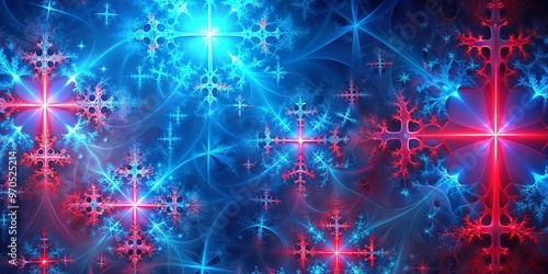 Abstract background of vibrant blue and crimson fractals with soft gradients and shimmering points, featuring hidden crosses symbolizing resurrection photo