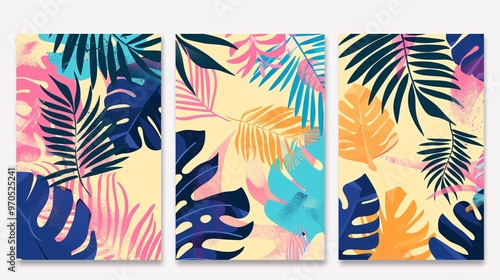 142. Set of bright, modern abstract summer backgrounds with tropical palm leaves. Each cover is creatively designed with minimal, trendy elements, perfect for jungle and beach themes