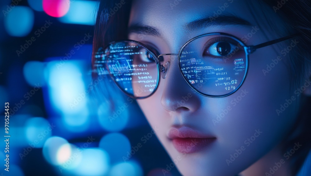close-up photo of asian woman looking at computer screen, digital data reflected in her glasses close-up photo of asian woman looking at computer screen, digital data reflected in her glasses