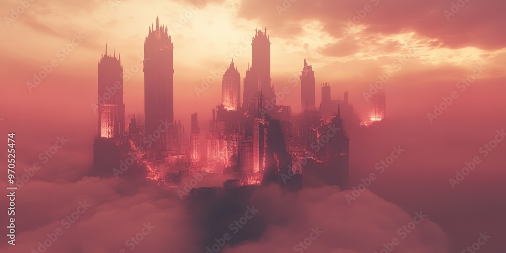 Fototapeta premium Surreal fortress glowing fog broken dimensions 