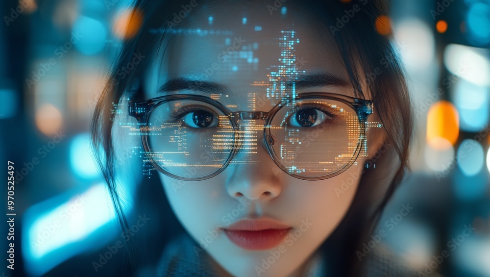 asian woman looking at computer screen, digital data reflected in her glasses asian woman looking at computer screen, digital data reflected in her glasses