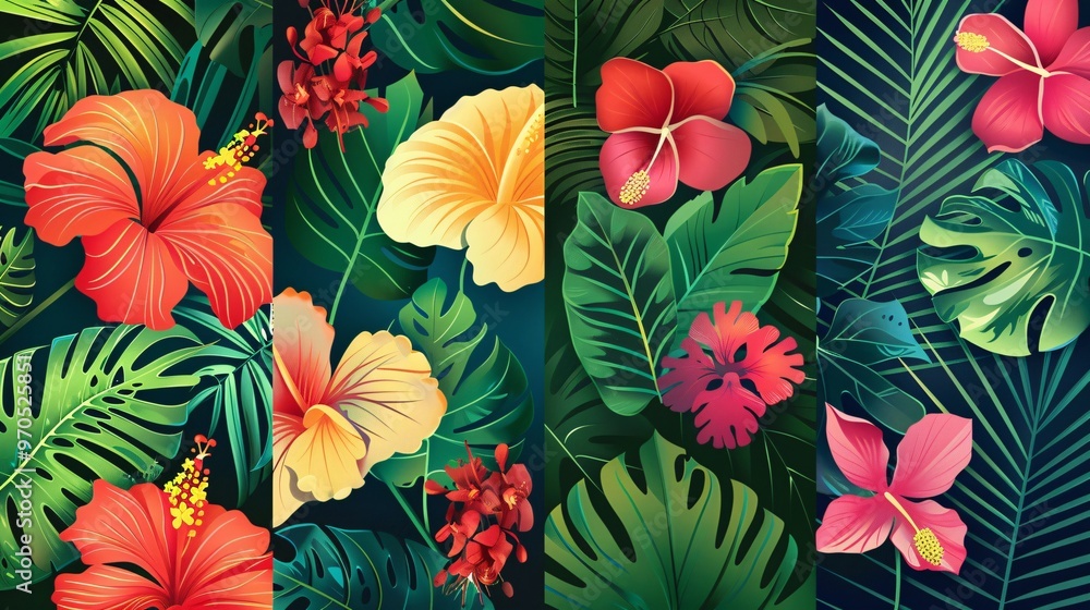 Fototapeta premium 148. Vector set of summer tropical backgrounds, showcasing bright flowers and green leaves. The templates are designed with vivid colors and detailed illustrations, ideal for a tropical theme