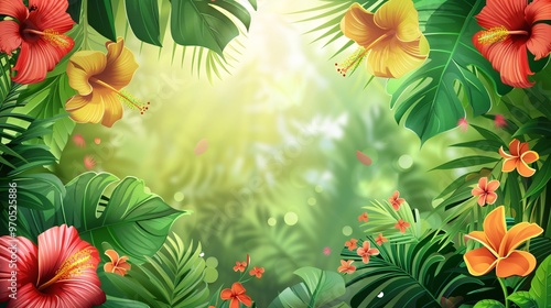 149. Tropical background templates for summer, featuring an array of colorful flowers and lush green leaves. The vector illustrations are vibrant and detailed, creating an exotic and lively backdrop