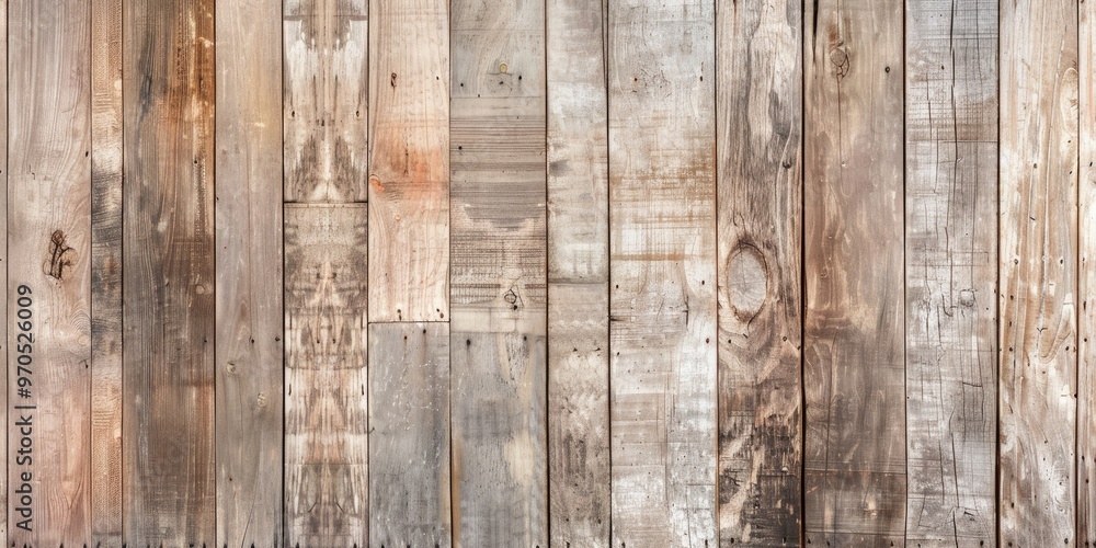 Naklejka premium Aged wooden surface featuring elongated boards, showcasing detailed grain and texture in gentle, subdued neutral tones.