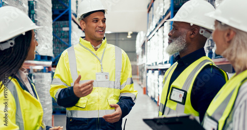 Photography Warehouse, group and teamwork in inspection for logistic, quality control or stock management