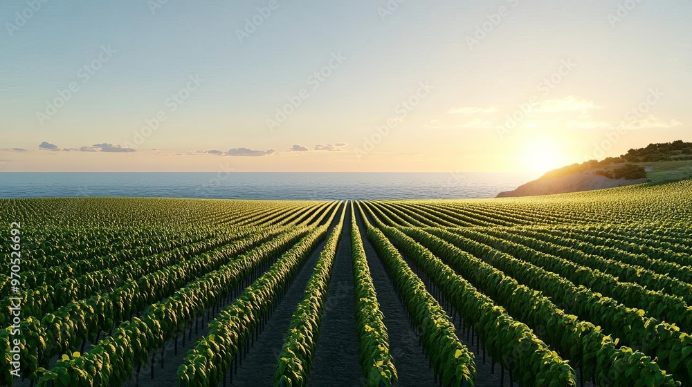 Vineyard in coastal region, highlighting terroir impact, 3D illustration Vineyard in coastal region, highlighting terroir impact, 3D illustration