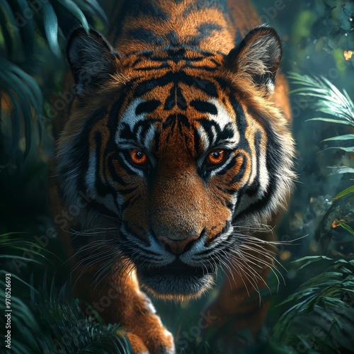 Tiger Close Up Portrait In Jungle with Striking Eyes photo