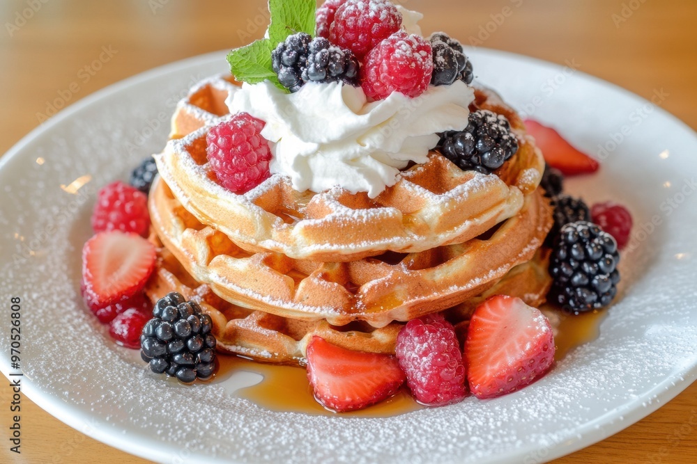 A stack of fluffy waffles topped with a generous swirl of whipped cream, drizzled with syrup, and garnished with fresh berries. A stack of fluffy waffles topped with a generous swirl of whipped cream, drizzled with syrup, and garnished with fresh berries.