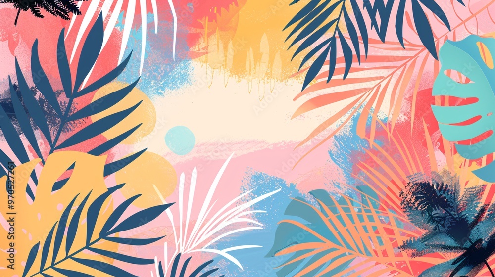 Fototapeta premium 162. Vector set of colorful summer background templates, featuring tropical palm leaves and a theme of travel, vacation, and beach. Editable designs suitable for posters, banners, covers, cards,