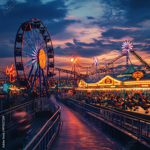 Colorful amusement park at twilight with illuminated Ferris wheel and attractions, vibrant night lights and a fun atmosphere. photo