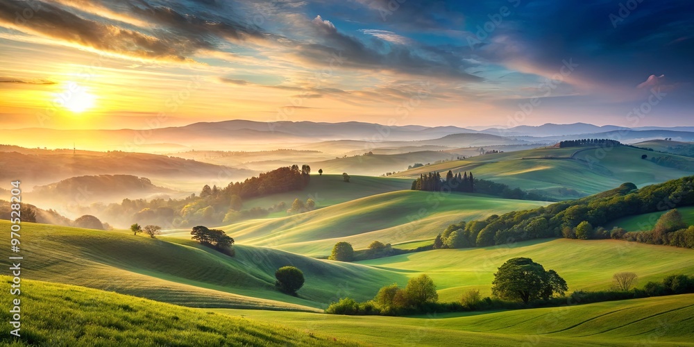 Obraz premium Tranquil landscape of rolling hills at sunrise with a peaceful sky