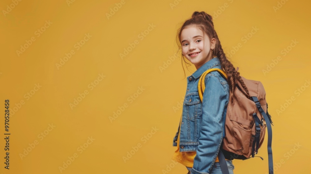 Schoolgirl Posing With School Backpack Smiling To Camera Standing Over Yellow Background. Studio Shot Schoolgirl Posing With School Backpack Smiling To Camera Standing Over Yellow Background. Studio Shot