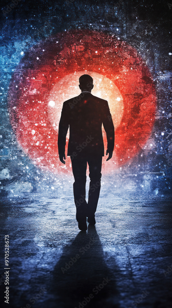 A man is walking through a red and blue circle. The man is wearing a suit and he is in a futuristic setting. The image has a mysterious and otherworldly feel to it A man is walking through a red and blue circle. The man is wearing a suit and he is in a futuristic setting. The image has a mysterious and otherworldly feel to it