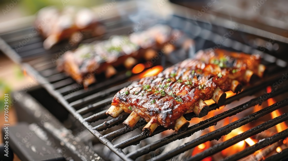 Ribs slowly cook to perfection in a rustic smoker, their glaze caramelizing over embers. Ribs slowly cook to perfection in a rustic smoker, their glaze caramelizing over embers.