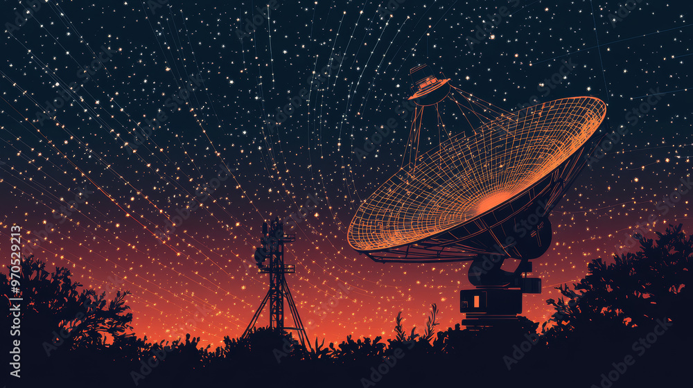 A radio telescope, like a giant antenna, is used to study the universe. This image shows the telescope as a starry sky, with points, lines, and shapes representing stars and the vastness of space. A radio telescope, like a giant antenna, is used to study the universe. This image shows the telescope as a starry sky, with points, lines, and shapes representing stars and the vastness of space.