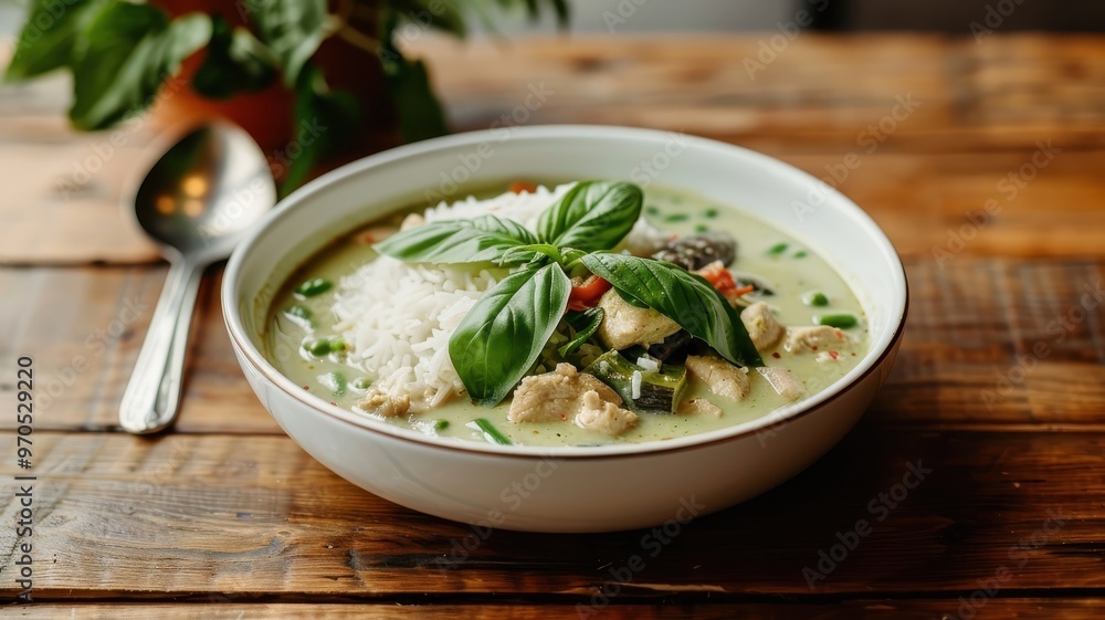 A vibrant Thai green curry with tender chicken and vegetables. A vibrant Thai green curry with tender chicken and vegetables.