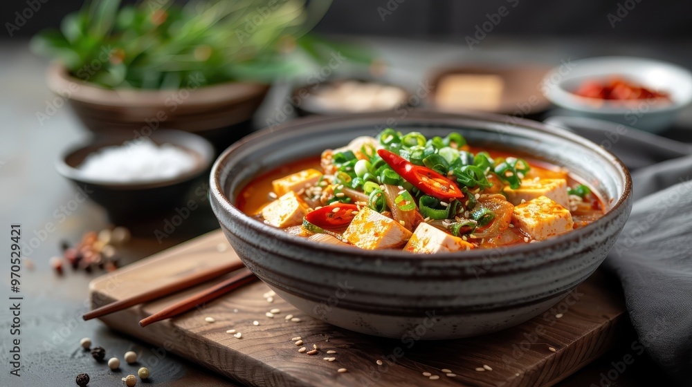 A bowl of Korean kimchi jjigae with a whole red chili pepper.