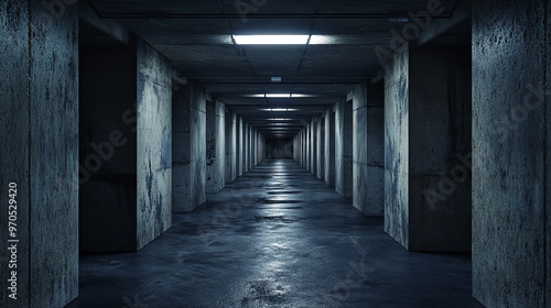 A realistic 3D image of a dark, abstract concrete basement hallway, perfect for creating virtual reality experiences.