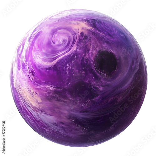 Fototapeta Naklejka Na Ścianę i Meble -  a purple planet with swirling violet clouds and mysterious dark spots, isolated on white background.