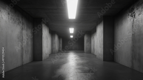 A realistic 3D image of a dark, abstract concrete basement hallway, perfect for creating virtual reality experiences.