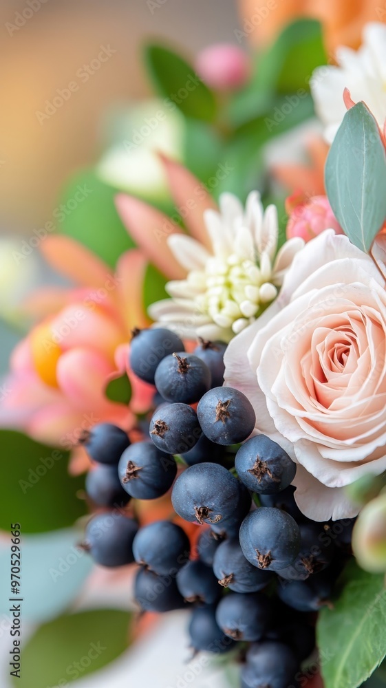 Fototapeta premium Elderberries surrounded by luxurious, colorful flowers in an opulent setting.