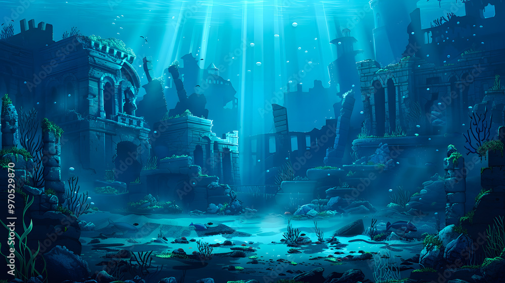 Fantasy underwater seascape with lost city. Fantasy underwater seascape with lost city.