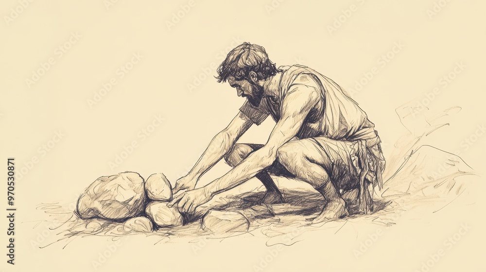David and Goliath in 1 Samuel: David Chooses Five Smooth Stones, Places Them in Shepherd's Bag, Biblical Illustration David and Goliath in 1 Samuel: David Chooses Five Smooth Stones, Places Them in Shepherd's Bag, Biblical Illustration