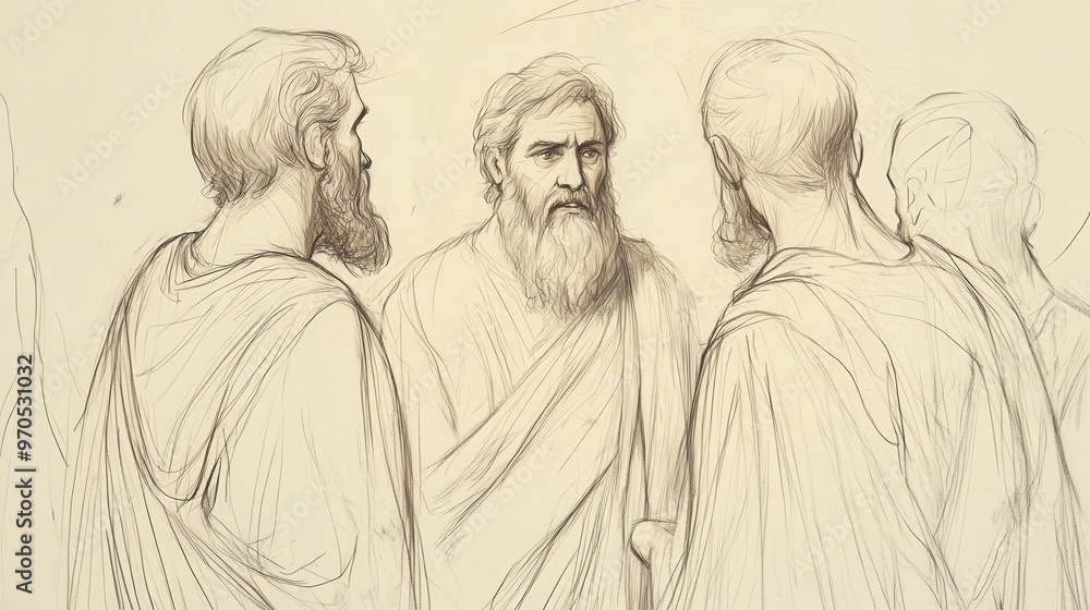 Bible Illustration of 1 Samuel: Saul Learns About David’s Actions from Doeg, Key Moment in Their Conflict, Beige Background Bible Illustration of 1 Samuel: Saul Learns About David’s Actions from Doeg, Key Moment in Their Conflict, Beige Background