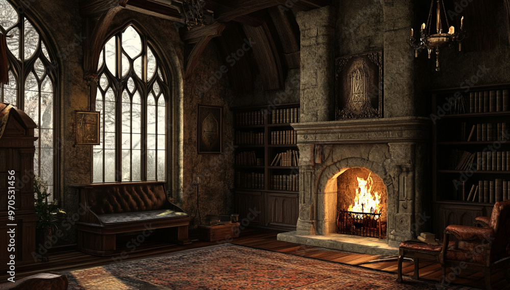 Fototapeta premium Luxurious and dark medieval office. There is a fireplace with a seat in front of it