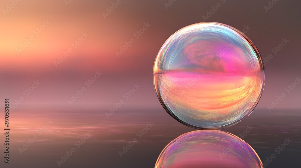 A Single Iridescent Sphere Reflecting a Sunset Sky A Single Iridescent Sphere Reflecting a Sunset Sky