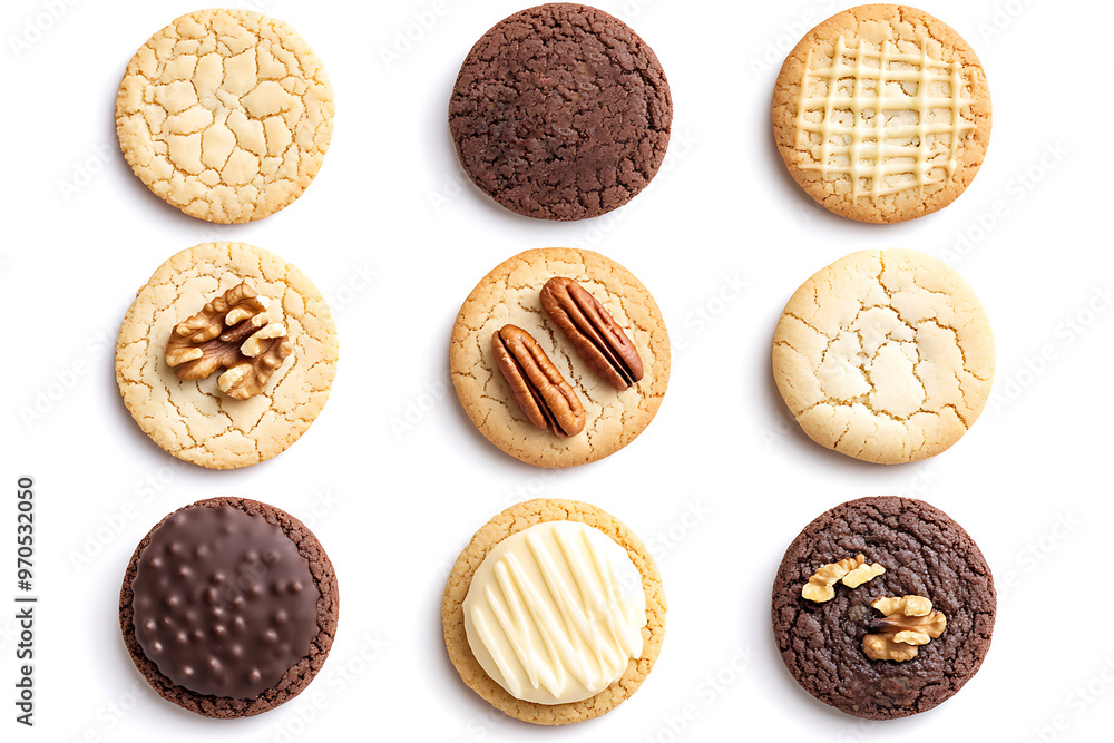 Collection of round cookie biscuit, classic and nut set isolated on white background Collection of round cookie biscuit, classic and nut set isolated on white background