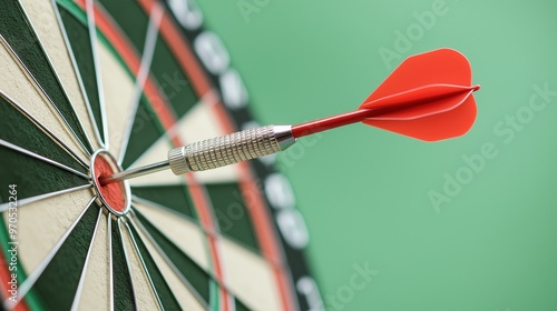 A close-up of a dart hitting the bullseye on a dartboard, symbolizing accuracy and precision in aiming. Perfect for themes of success, goals, or achievement.