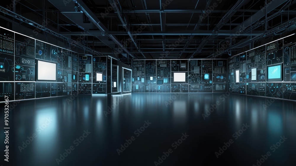 Futuristic Tech Room with Digital Displays Futuristic Tech Room with Digital Displays