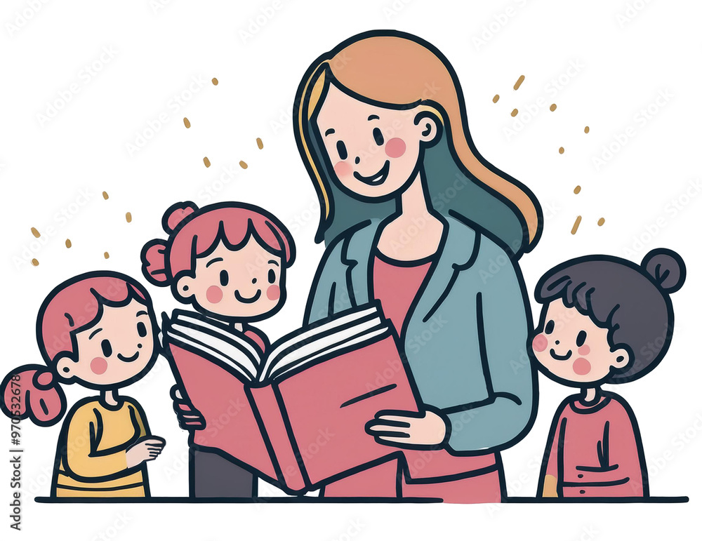 illustration teacher with three children explaining a story or teaching a lesson