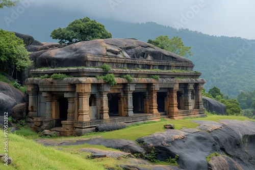 Ancient caves carved from a single stone, showcasing intricate architecture amidst lush greenery in mountainous terrain photo