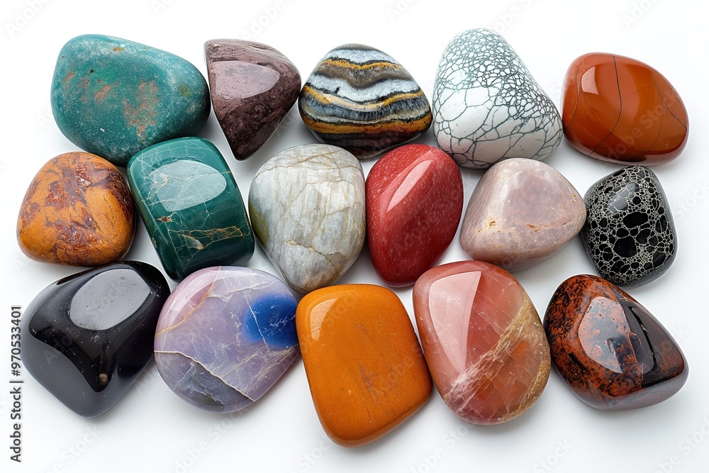 A collection of various polished stones showcasing unique colors and patterns in natural lighting A collection of various polished stones showcasing unique colors and patterns in natural lighting