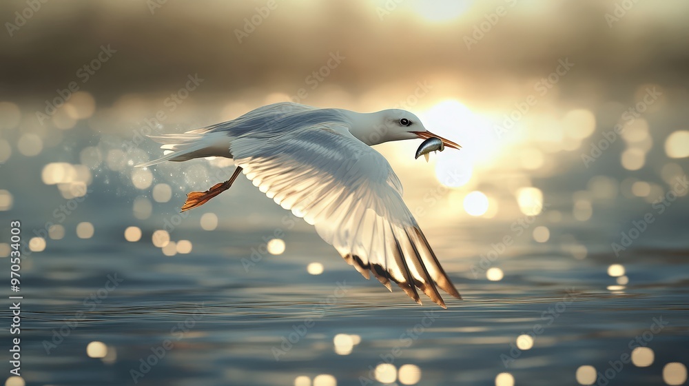 visual of a fishing bird in mid-flight, clutching a fish in its beak. visual of a fishing bird in mid-flight, clutching a fish in its beak.