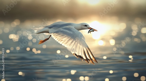 visual of a fishing bird in mid-flight, clutching a fish in its beak.