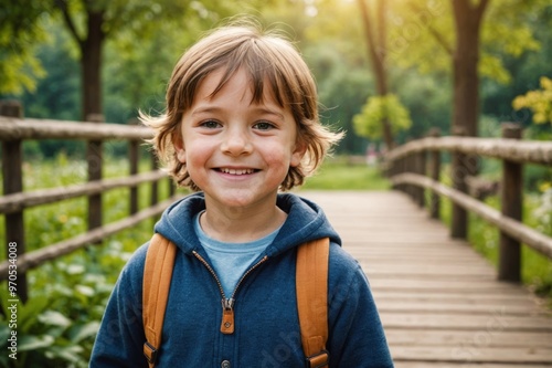 portrait of child outdoor, park and garden by wooden bridge in nature