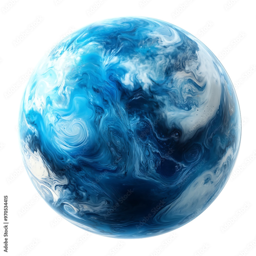 a vibrant blue planet with swirling white clouds and deep oceanic hues, isolated on white background. a vibrant blue planet with swirling white clouds and deep oceanic hues, isolated on white background.