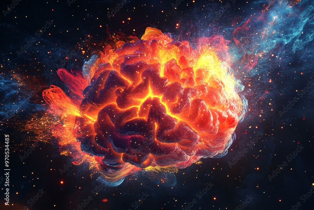An abstract brain-shaped form bursts with an explosion of color and light, symbolizing creative innovation An abstract brain-shaped form bursts with an explosion of color and light, symbolizing creative innovation